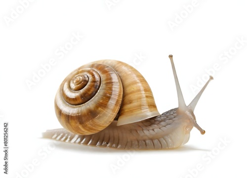 A close-up of a snail with a spiral shell, sitting on a surface