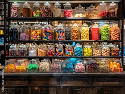 Step into a restaurant and behold the enchanting sight of a candy bar, brimming with an array of sweet treats that beckon to your inner child. Gaze upon shelves lined with jars of colorful candies,