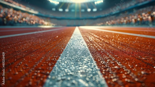 An empty running track under stadium lights evokes the quiet before the storm of competition, highlighting the path to victory