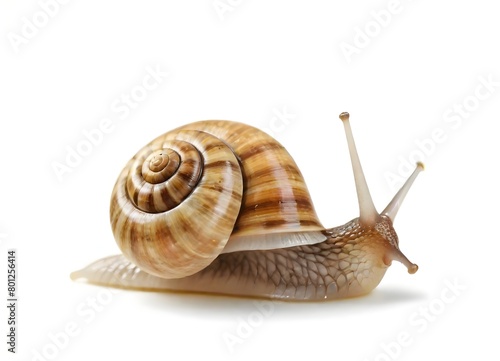 A close-up of a snail with a spiral shell, sitting on a surface