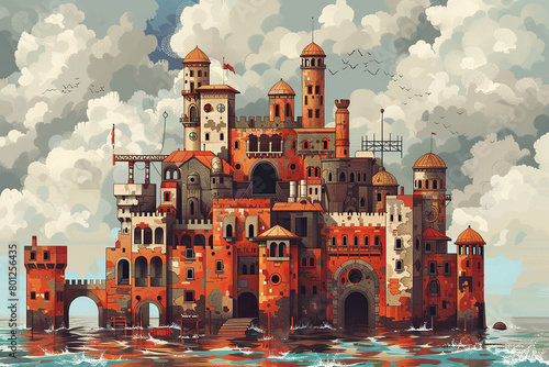 fortress, castle, old town, construction, vintage background, products, enginer, generative, ai, steampunk, clock background, machine, mechanical, blue, gold, gear, clock, watch, mechanism