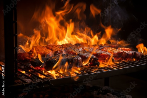 A group of steaks are being grilled on a flaming grill.