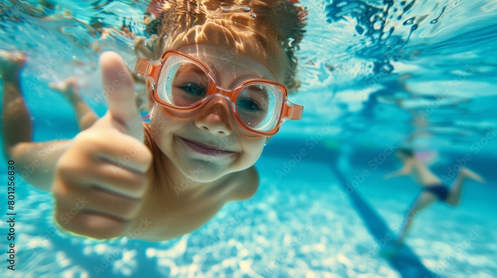 Underwater portrait of happy boy with thumbs up gesture in swimming pool.