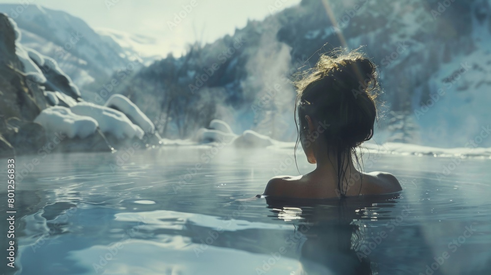 Female relax in hot spring spa with snow mountain in winter.
