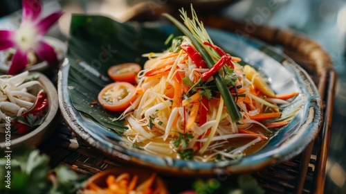 A beautifully arranged plate of Thai papaya salad with colorful garnishes, enticing viewers with its vibrant presentation and fresh ingredients.