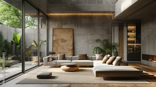 Modern minimalist living room interior design with large windows and plants