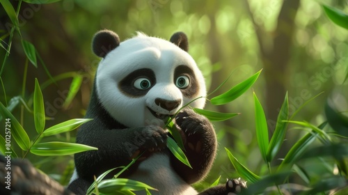 A cute panda with bamboo leaves in bamboo forest