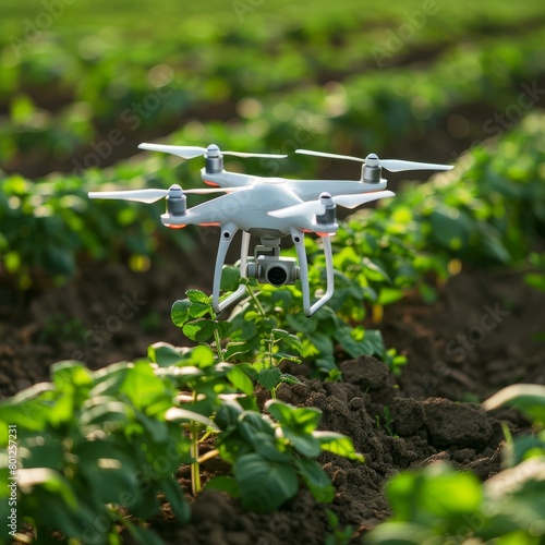 Camera drone flying over a green field to monitor the growth of crops