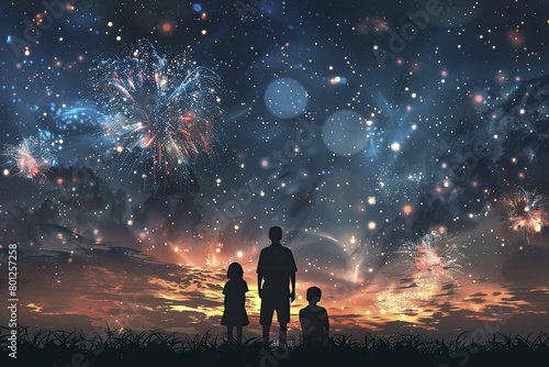 Multigenerational family watching Victory Day fireworks, silhouettes against the night sky, shared wonder. photo