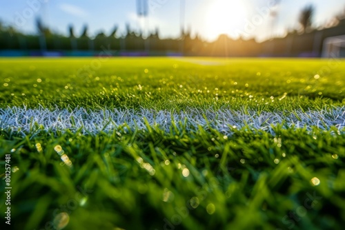 Close-up of green artificial grass texture of a soccer field with white line marking photo