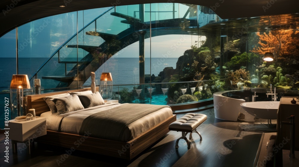 Futuristic bedroom with amazing sea view