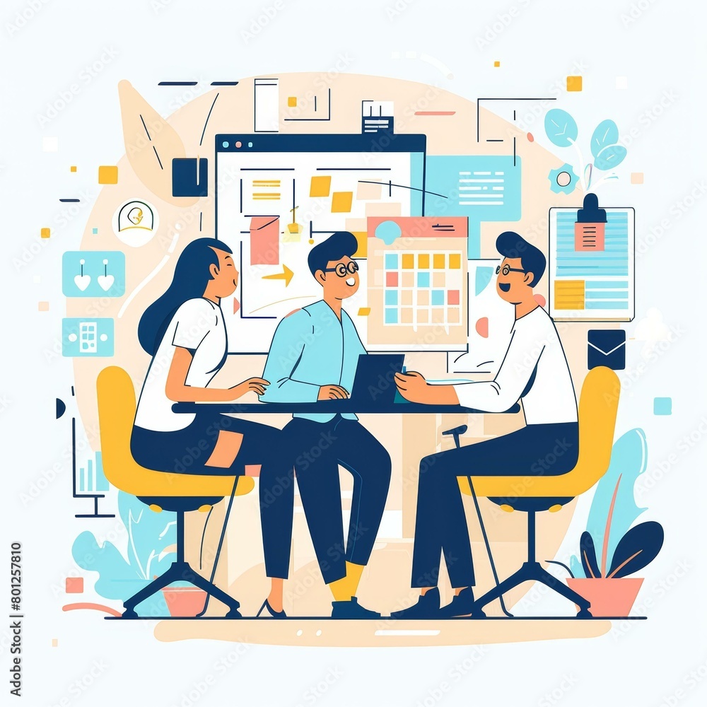 Three people in a meeting discussing project plans and tasks Three people in a meeting discussing project plans and tasks