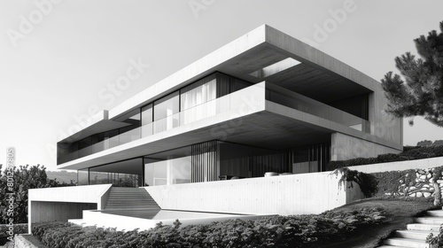 Black and white exterior of a modern house with large windows