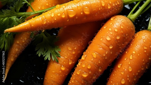 Close-up of orange carrots with green leaves on a black background