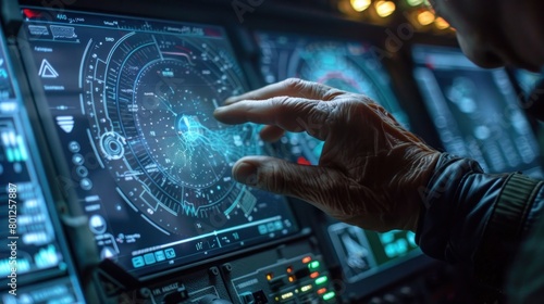 Closeup hand of man touching digital airplane radar navigate screen control technology in airport.