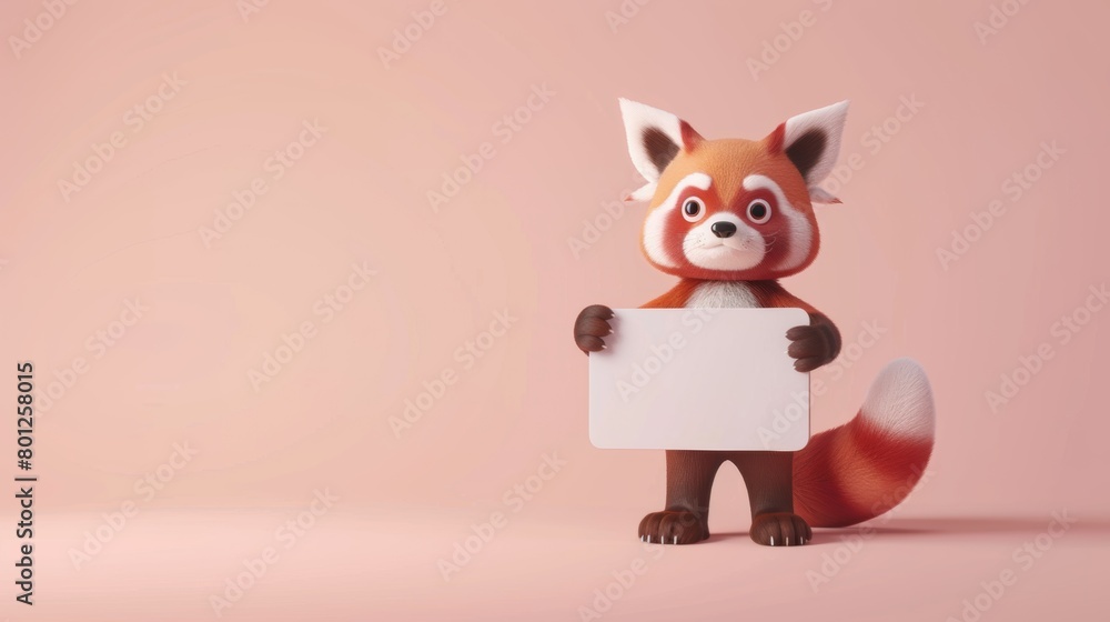 Cute cartoon character of red panda Ailurus holding a message card