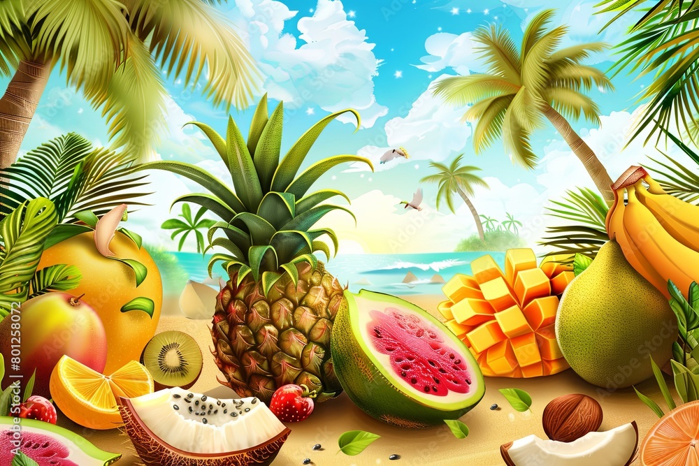Fruit Paradise is an ideal option for producers of exotic fruits and fruit desserts. showcases picturesque paradise landscapes adorned with palm trees and coconuts, a sense of tropical abundance. Fruit Paradise is an ideal option for producers of exotic fruits and fruit desserts. showcases picturesque paradise landscapes adorned with palm trees and coconuts, a sense of tropical abundance.