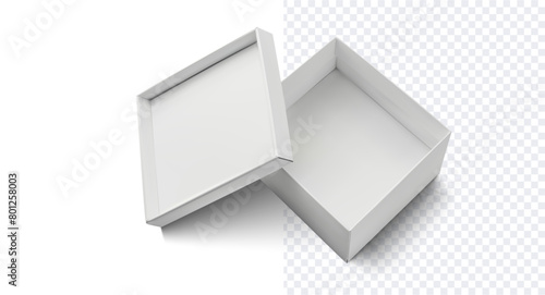 Open White Box with Lid  for Product Display. Simple yet elegant open white box with a detached lid, displayed on a transparent background, perfect for showcasing products or packaging design. Vector