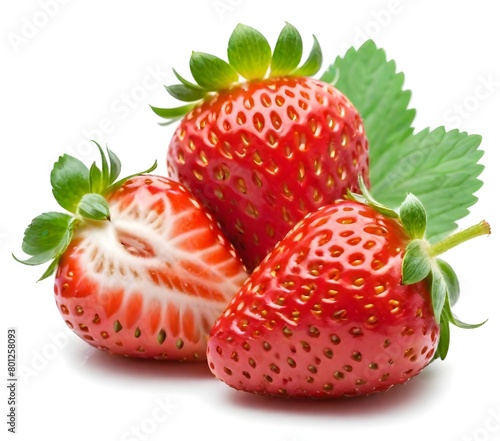 Three ripe red strawberries with green leaves on a white background
