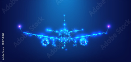 lue Neon Airplane Visualization in the Night Sky. A captivating visualization of an airplane designed with blue neon lines, soaring through a dark night sky, symbolizing advanced aerospace technology.