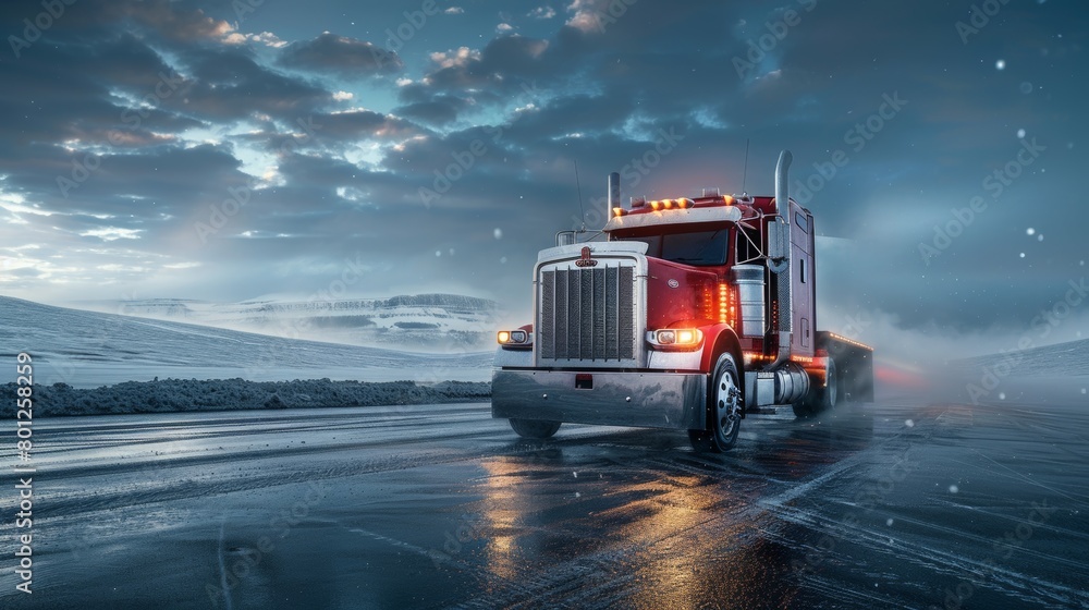 Majestic red truck traverses icy roads under a twilight sky, capturing the essence of winter transport in rugged terrain