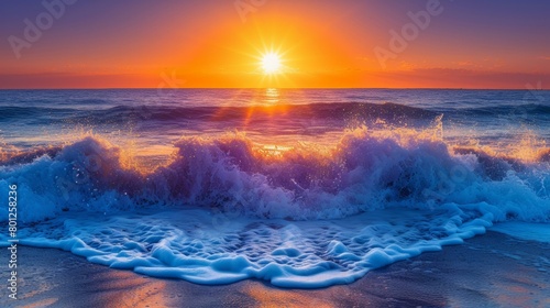 Beautiful sunset over the ocean with a big wave crashing on the shore