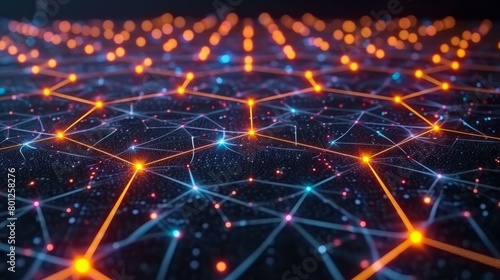 Abstract futuristic illustration of a network of glowing orange and blue dots and lines on a black background.
