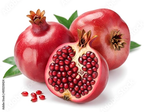 Whole and halved pomegranates with red seeds visible, on a white background