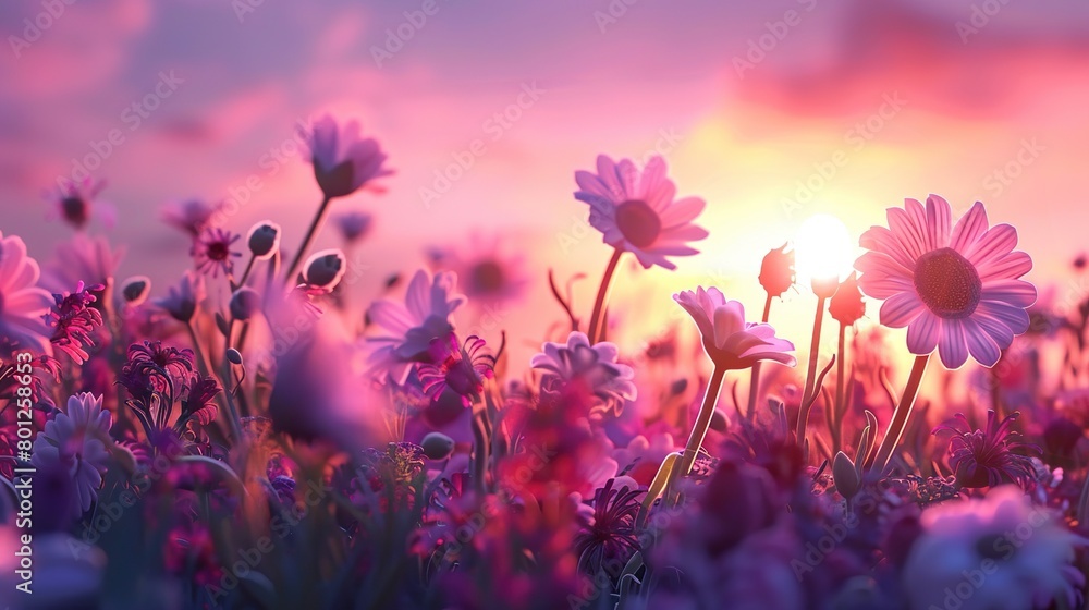 A field of flowers at sunset. The flowers are mostly pink and purple, with some white flowers as well. 