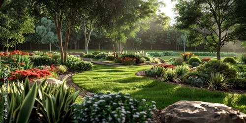 A beautiful garden with a stone path and various plants and flowers