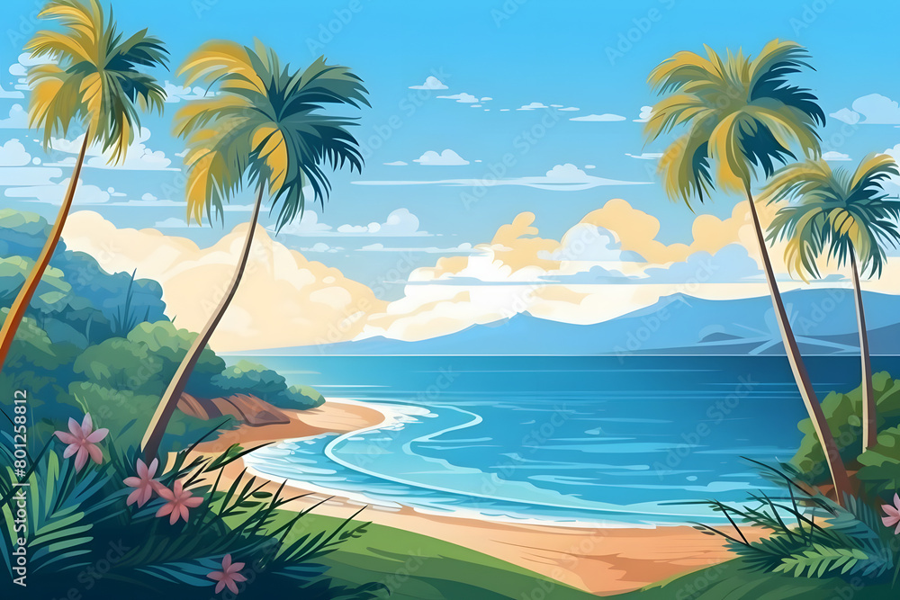 Coastal Oasis, Serenity and Beauty by the Ocean. Realistic Beach Landscape. Vector Background