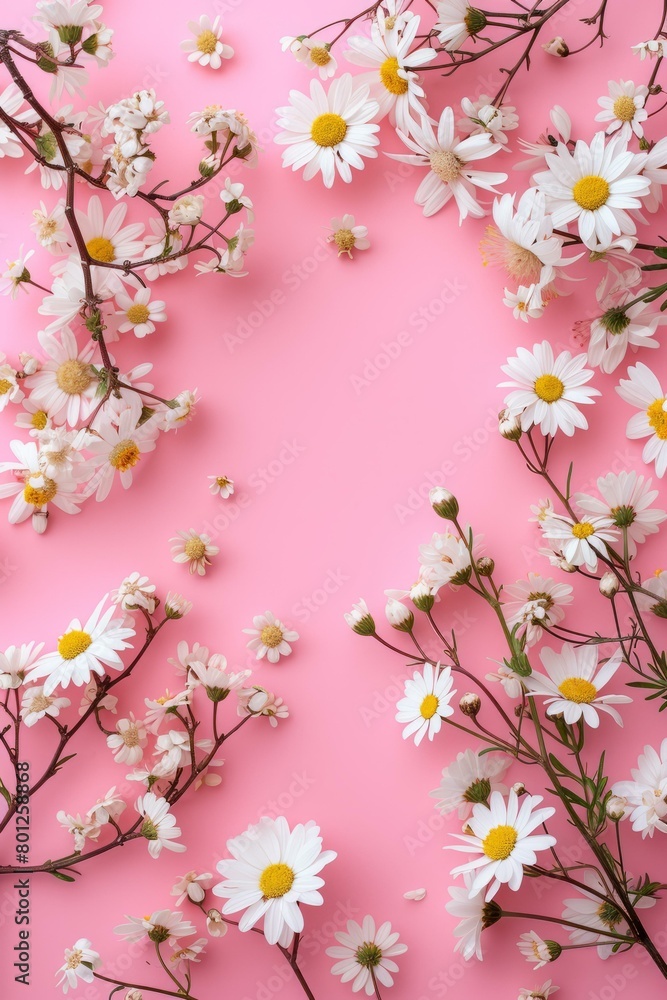 Fototapeta premium White and yellow daisies on a pink background