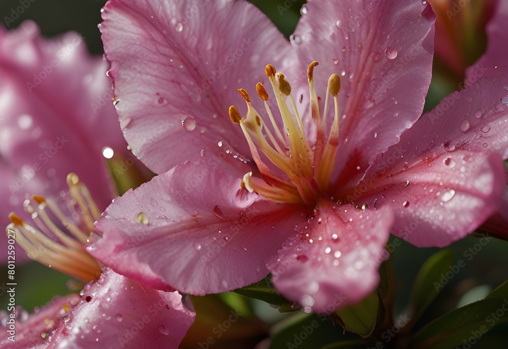 A close-up view of a rhododendron flower's vibrant pink petals, densely packed around its center, with tiny droplets clinging to its surface, generative AI A close-up view of a rhododendron flower's vibrant pink petals, densely packed around its center, with tiny droplets clinging to its surface, generative AI
