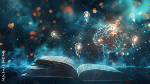 A creative visualization of light bulbs connected to an open book, with lines of light extending to a futuristic brain interface, demonstrating the journey from ideas to scientific breakthroughs
