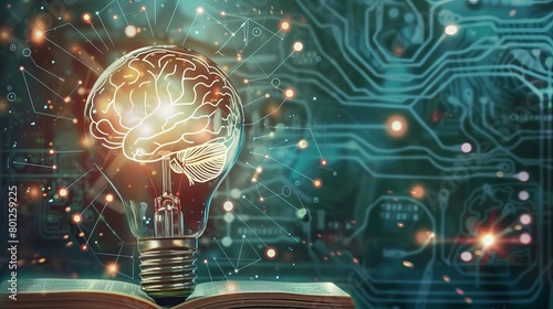 Artistic depiction of a light bulb reflecting the pages of a book within its glass  with digital circuits and a brain outline in the backdrop  highlighting the connection between reading and cerebral 