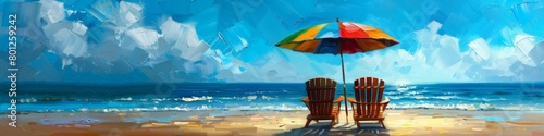 The serene solitude of a beach scene with two empty chairs under a colorful umbrella captured in vibrant brush strokes
