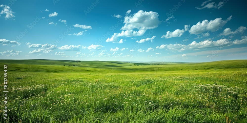 Green rolling hills under blue sky with white clouds