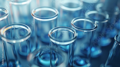Group empty medical laboratory test-tubes glassware on light blue background. Generated AI image