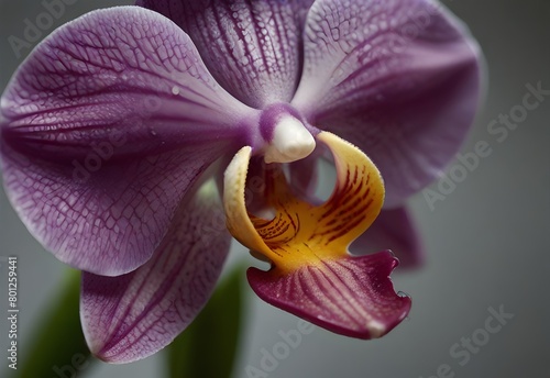 A close-up view of an orchid flower, its vibrant purple petals framing its intricate center, with delicate veins visible, generative AI