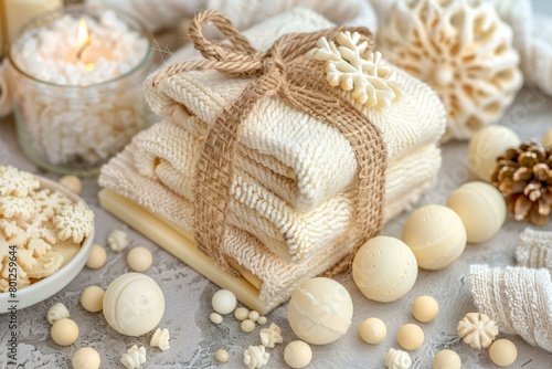 Bath towels and bath bombs with winter decorations