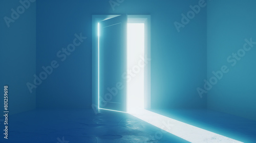Glowing exit from blue room  open door.