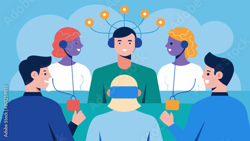 A group therapy session incorporating brain stimulation therapy with electrodes p on participants heads to help stimulate specific regions responsible.