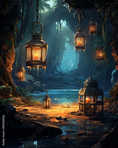 A dark and mysterious path lit by glowing lanterns