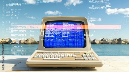 computer on a beach with data and code on screen