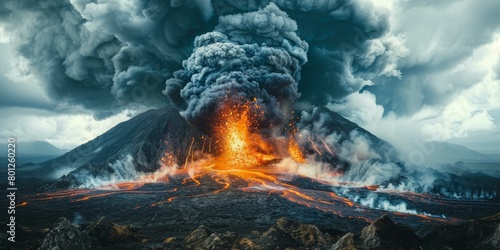 Volcanic eruption with lava flow and ash cloud photo