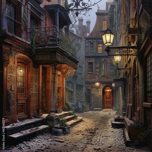 A painting of a narrow street in a European city