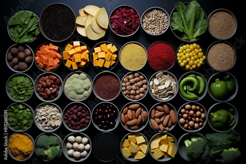 Various types of nuts, seeds, spices, and other food ingredients in bowls