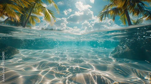 Captivating under and above water view of a tropical paradise with clear turquoise waters and lush palm trees