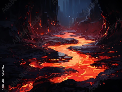 molten lava river flowing through a dark cave. the lava is glowing and bubbling, and the cave walls are covered in soot and ash. © Lightgeo