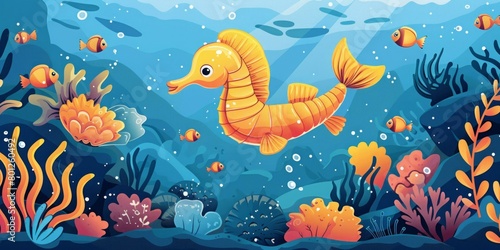 Undersea world with cute seahorse and tropical fish